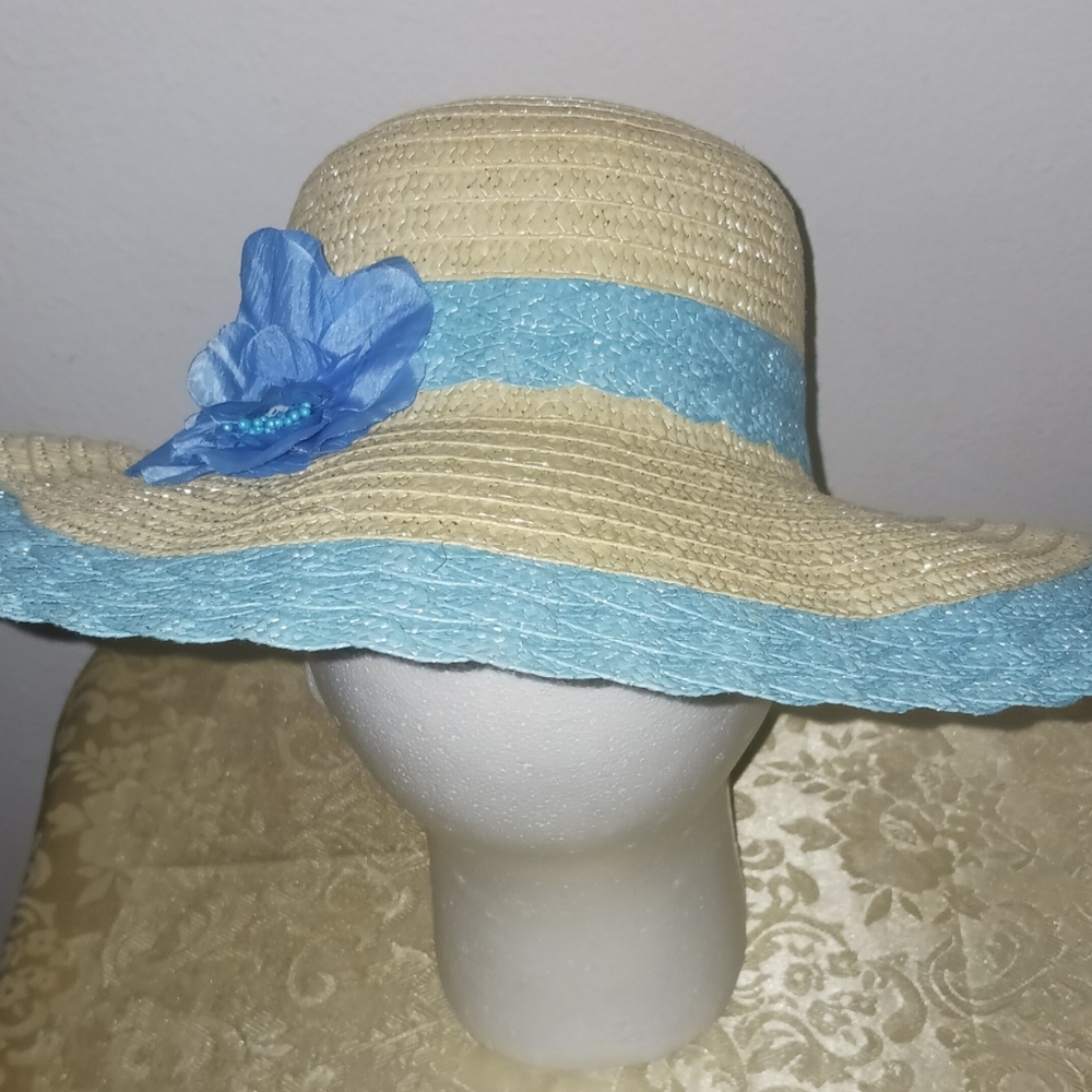 M-Style Summer Wide Brim Straw Hat with Blue Flower and Blue Trim Girls Women